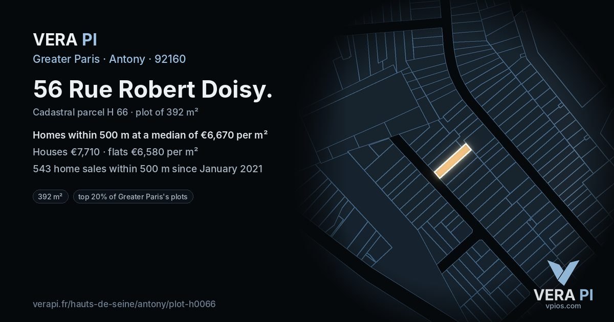 56 Rue Robert Doisy, Antony at night – the plot lit, the parcels around coloured by the prices near them