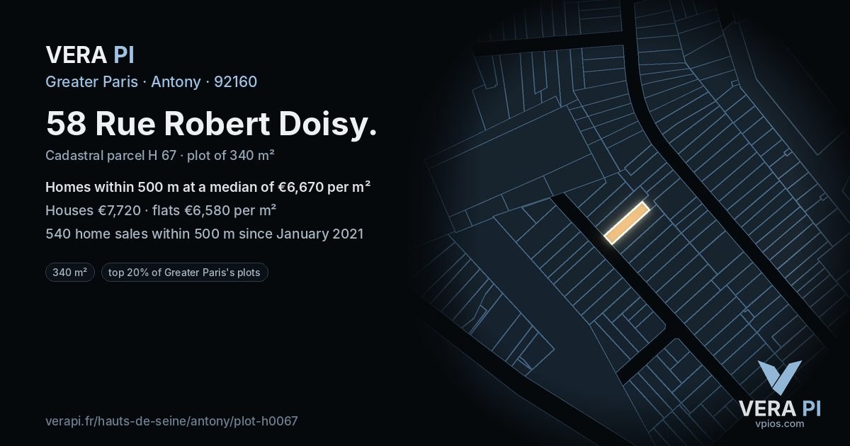 58 Rue Robert Doisy, Antony at night – the plot lit, the parcels around coloured by the prices near them