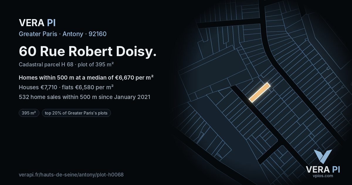 60 Rue Robert Doisy, Antony at night – the plot lit, the parcels around coloured by the prices near them
