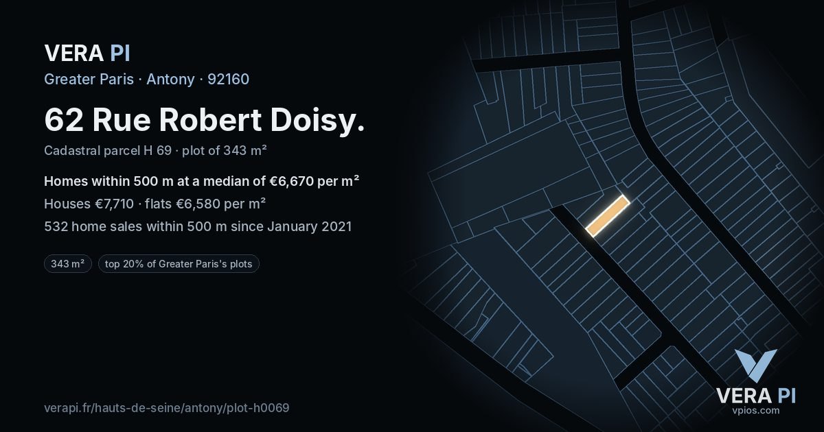 62 Rue Robert Doisy, Antony at night – the plot lit, the parcels around coloured by the prices near them
