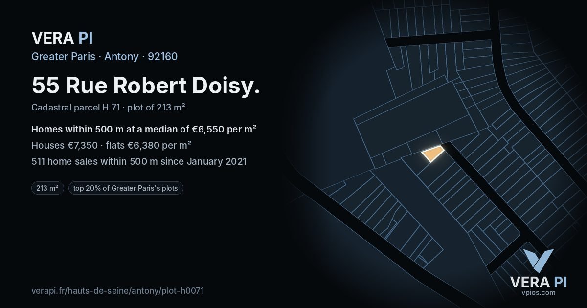 55 Rue Robert Doisy, Antony at night – the plot lit, the parcels around coloured by the prices near them