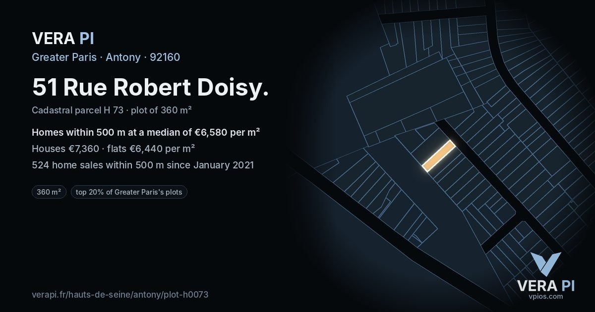 51 Rue Robert Doisy, Antony at night – the plot lit, the parcels around coloured by the prices near them