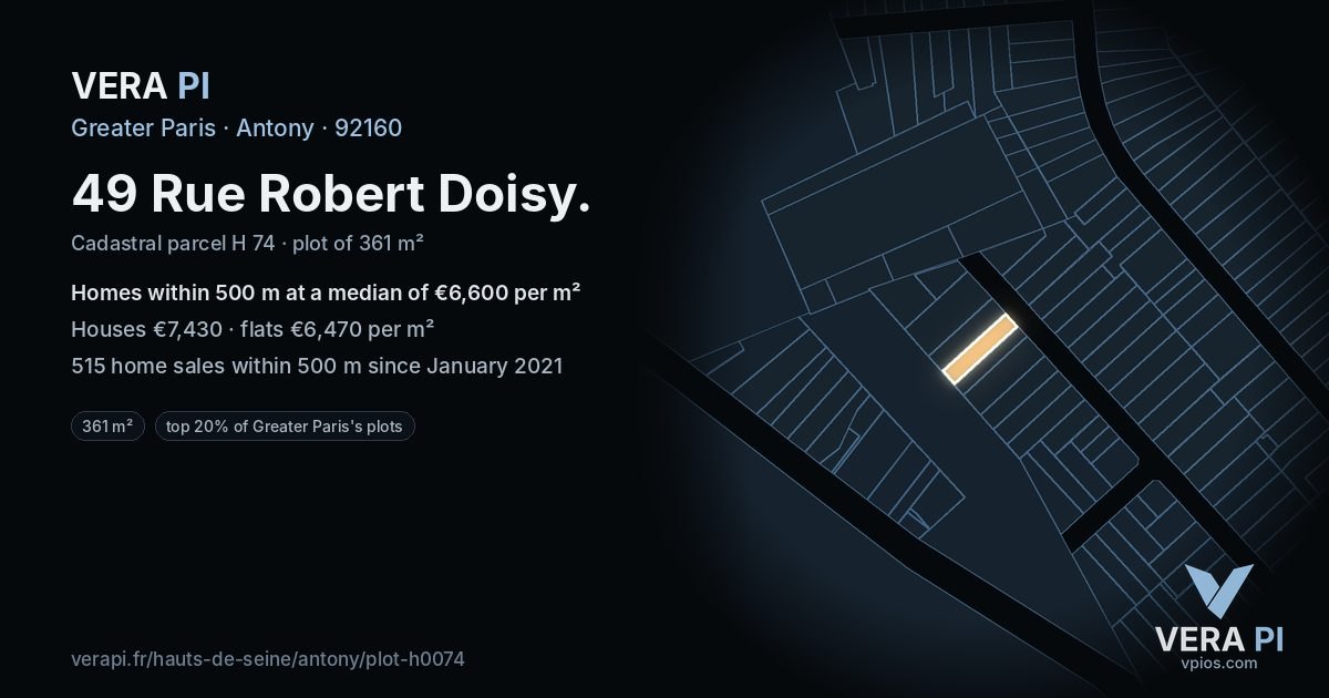 49 Rue Robert Doisy, Antony at night – the plot lit, the parcels around coloured by the prices near them