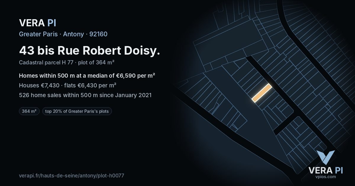 43 bis Rue Robert Doisy, Antony at night – the plot lit, the parcels around coloured by the prices near them