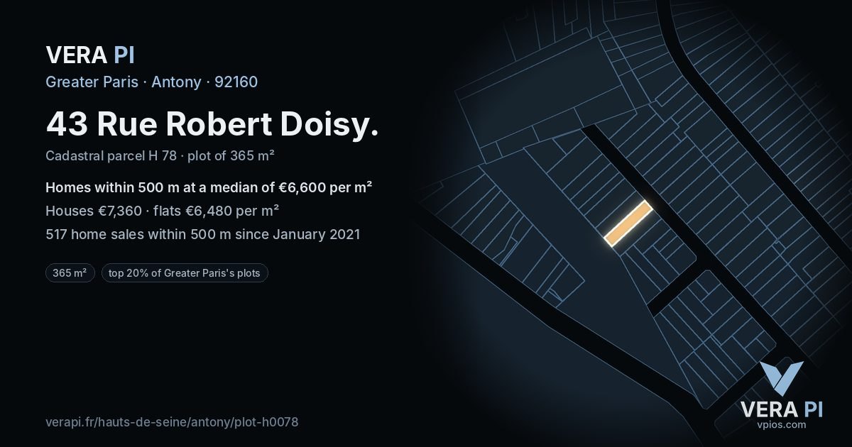 43 Rue Robert Doisy, Antony at night – the plot lit, the parcels around coloured by the prices near them