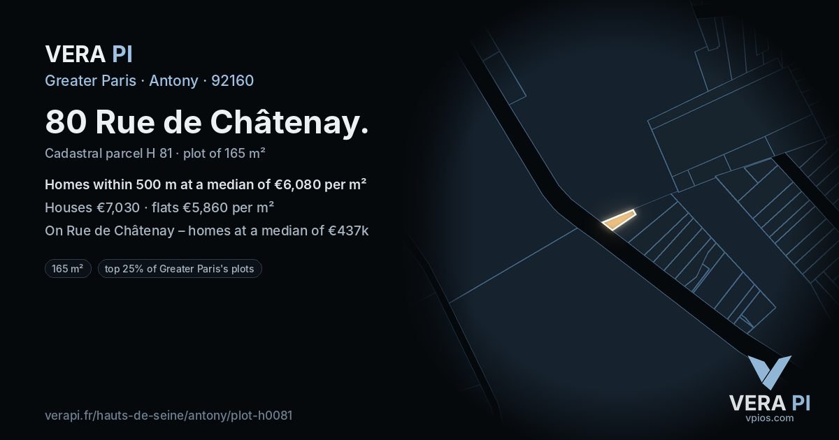 80 Rue de Châtenay, Antony at night – the plot lit, the parcels around coloured by the prices near them