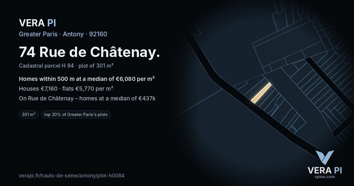 74 Rue de Châtenay, Antony at night – the plot lit, the parcels around coloured by the prices near them