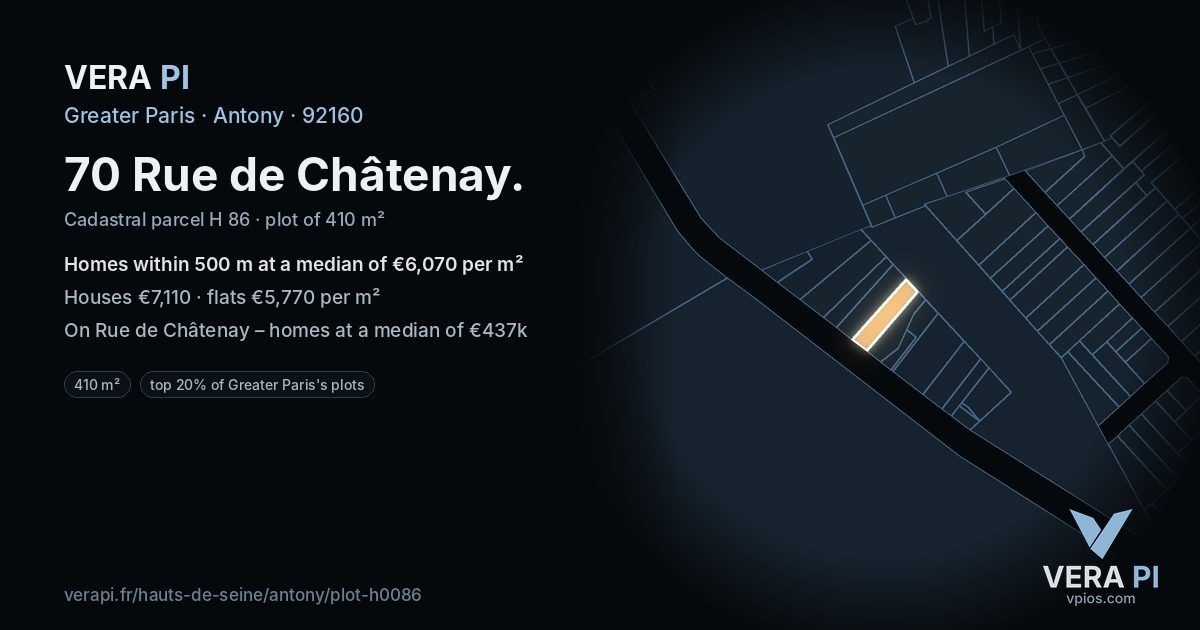 70 Rue de Châtenay, Antony at night – the plot lit, the parcels around coloured by the prices near them