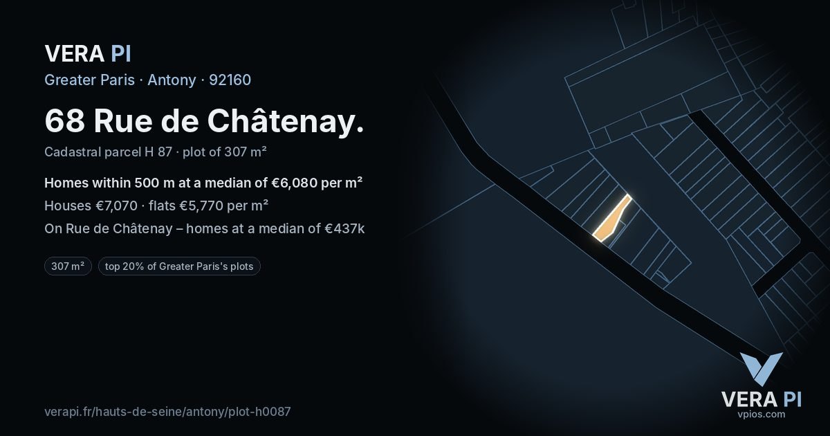68 Rue de Châtenay, Antony at night – the plot lit, the parcels around coloured by the prices near them