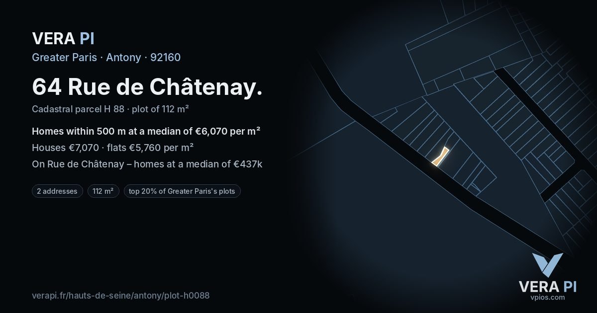 64 Rue de Châtenay, Antony at night – the plot lit, the parcels around coloured by the prices near them