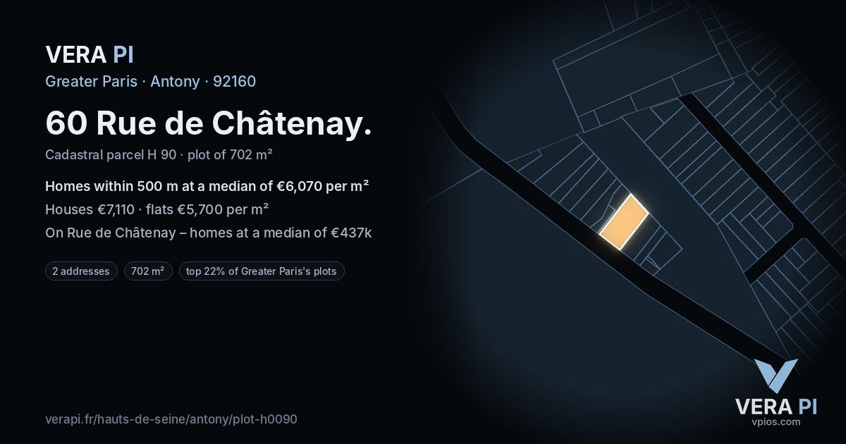 60 Rue de Châtenay, Antony at night – the plot lit, the parcels around coloured by the prices near them