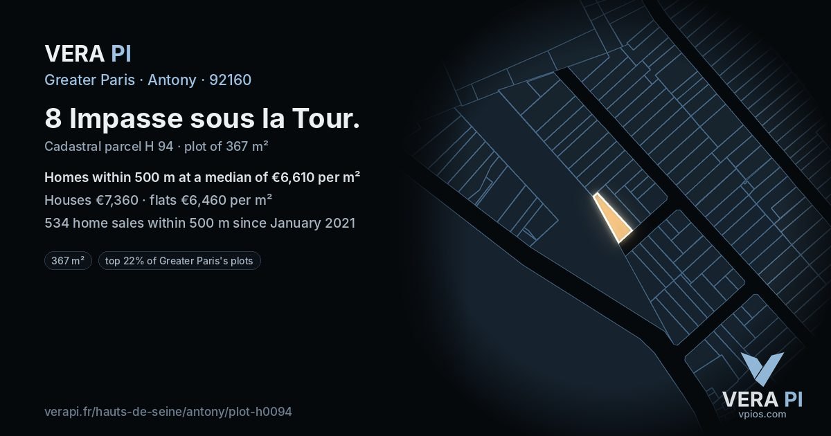 8 Impasse sous la Tour, Antony at night – the plot lit, the parcels around coloured by the prices near them