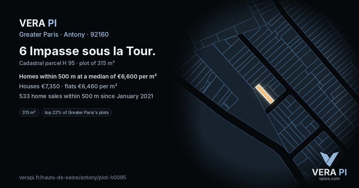 6 Impasse sous la Tour, Antony at night – the plot lit, the parcels around coloured by the prices near them