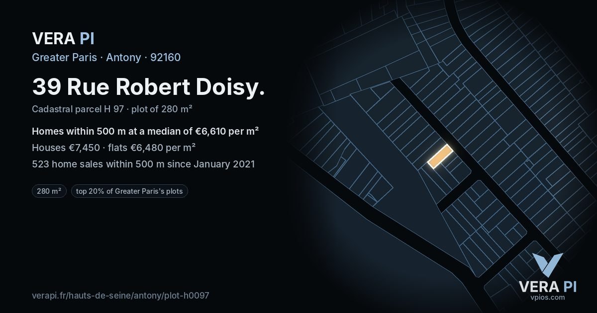 39 Rue Robert Doisy, Antony at night – the plot lit, the parcels around coloured by the prices near them