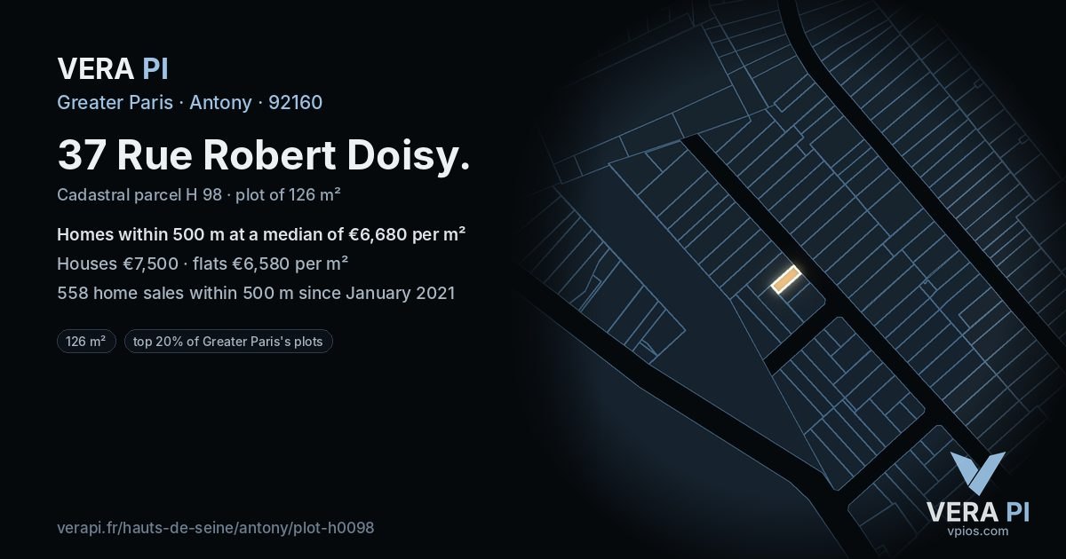 37 Rue Robert Doisy, Antony at night – the plot lit, the parcels around coloured by the prices near them