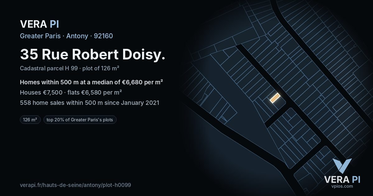 35 Rue Robert Doisy, Antony at night – the plot lit, the parcels around coloured by the prices near them
