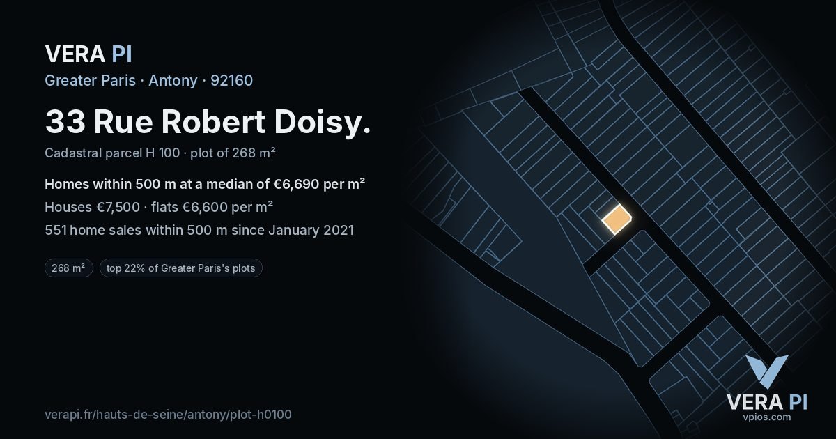 33 Rue Robert Doisy, Antony at night – the plot lit, the parcels around coloured by the prices near them