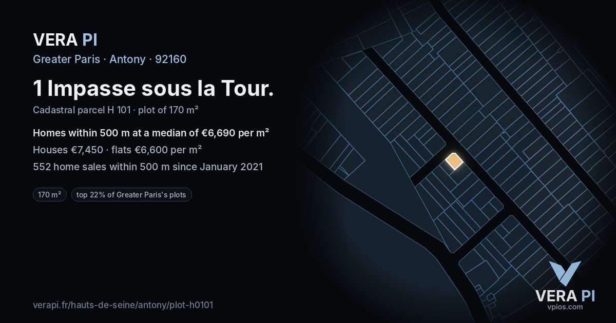 1 Impasse sous la Tour, Antony at night – the plot lit, the parcels around coloured by the prices near them