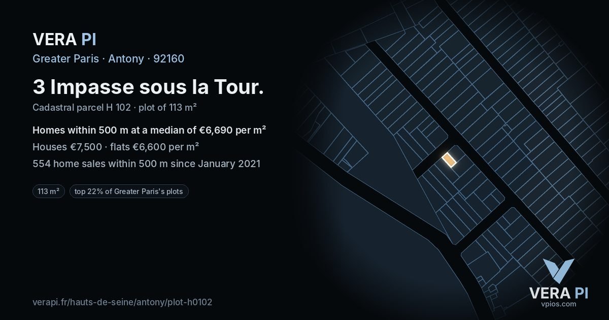 3 Impasse sous la Tour, Antony at night – the plot lit, the parcels around coloured by the prices near them
