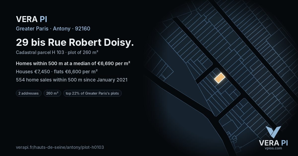 29 bis Rue Robert Doisy, Antony at night – the plot lit, the parcels around coloured by the prices near them