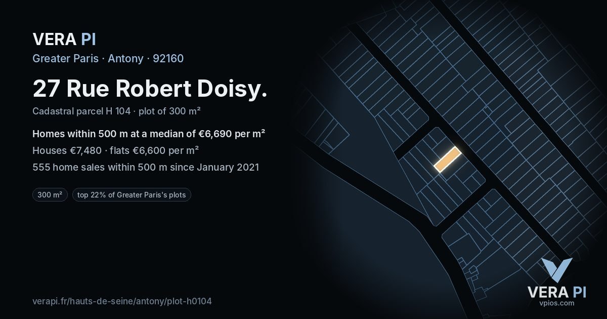 27 Rue Robert Doisy, Antony at night – the plot lit, the parcels around coloured by the prices near them