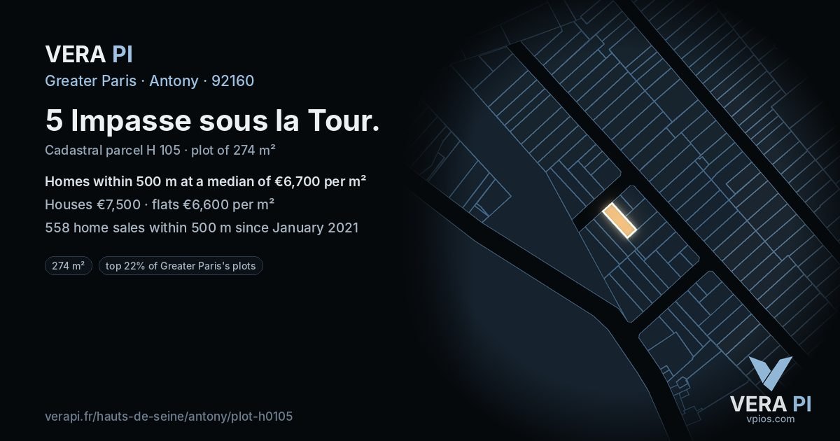 5 Impasse sous la Tour, Antony at night – the plot lit, the parcels around coloured by the prices near them