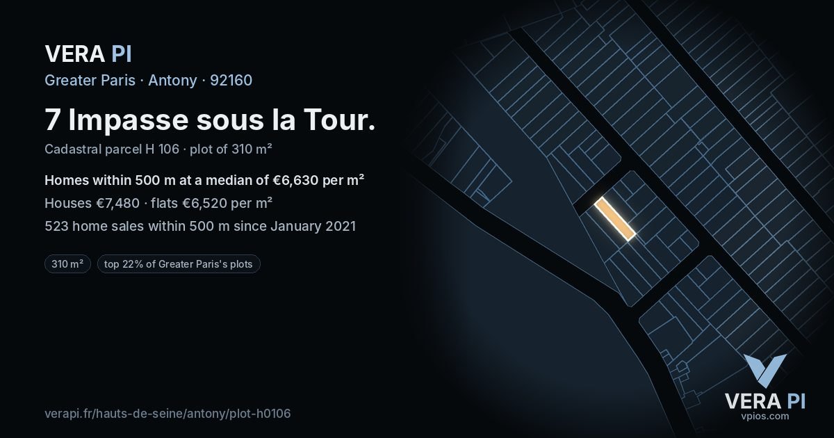 7 Impasse sous la Tour, Antony at night – the plot lit, the parcels around coloured by the prices near them
