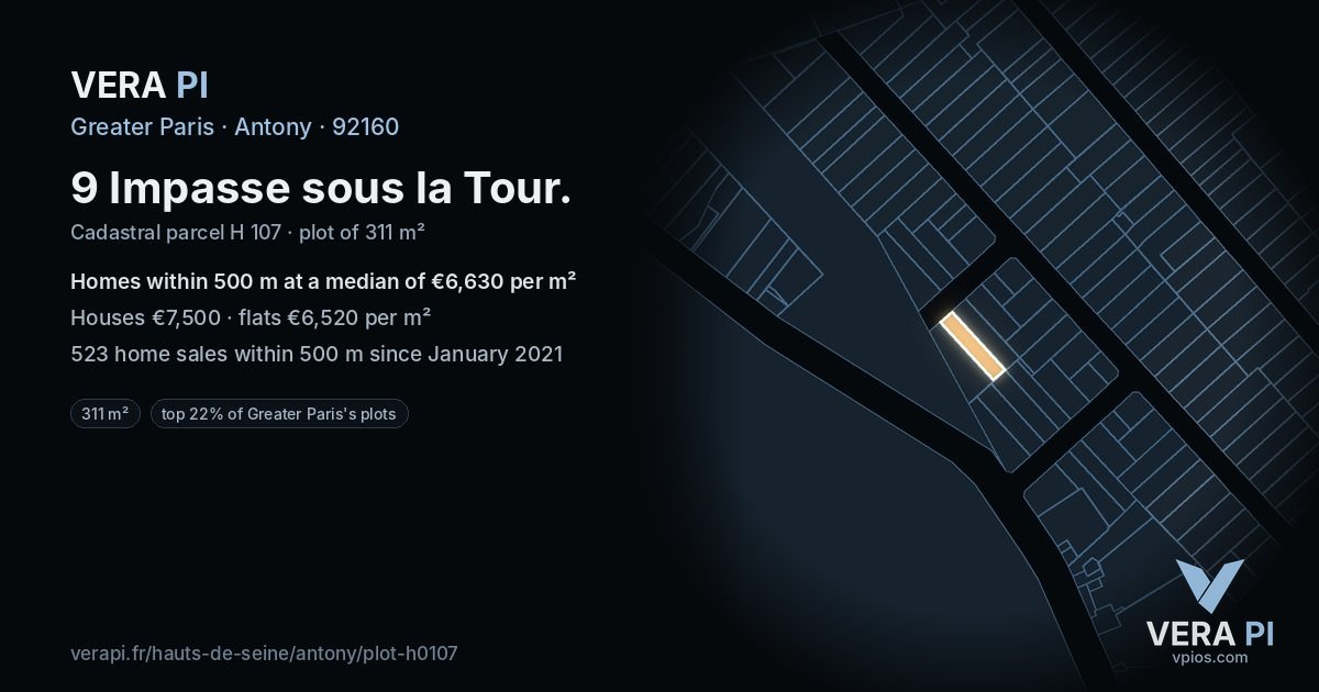 9 Impasse sous la Tour, Antony at night – the plot lit, the parcels around coloured by the prices near them