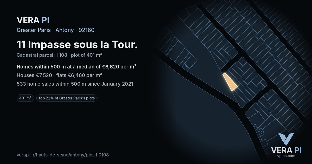 11 Impasse sous la Tour, Antony at night – the plot lit, the parcels around coloured by the prices near them