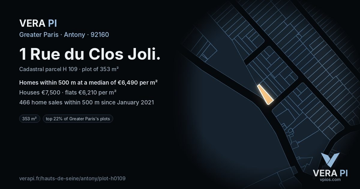 1 Rue du Clos Joli, Antony at night – the plot lit, the parcels around coloured by the prices near them