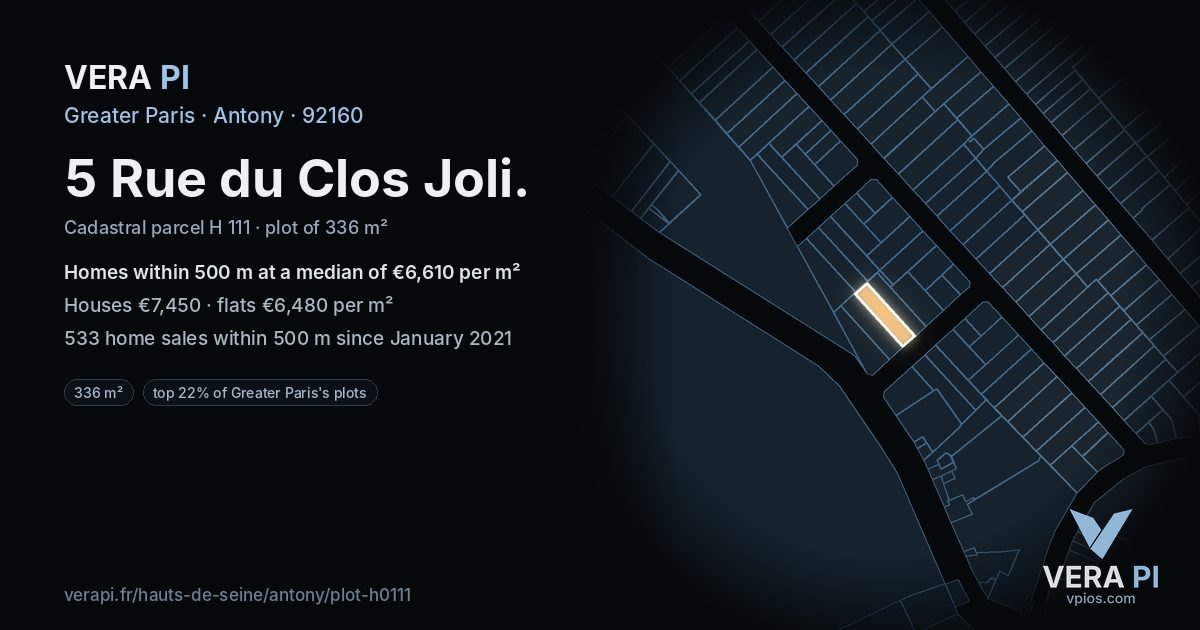 5 Rue du Clos Joli, Antony at night – the plot lit, the parcels around coloured by the prices near them