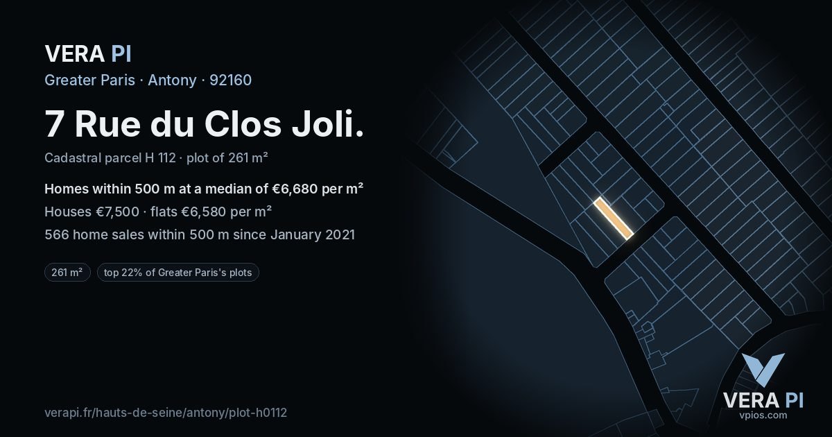 7 Rue du Clos Joli, Antony at night – the plot lit, the parcels around coloured by the prices near them