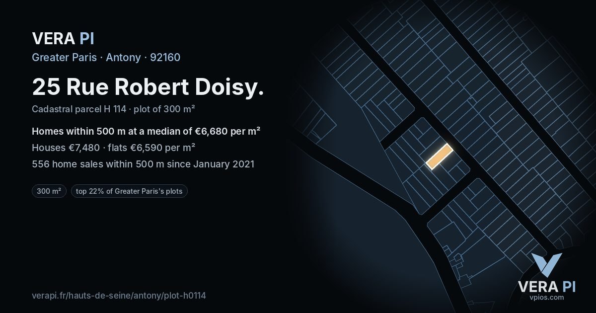 25 Rue Robert Doisy, Antony at night – the plot lit, the parcels around coloured by the prices near them