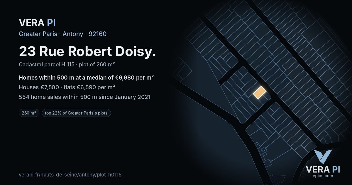23 Rue Robert Doisy, Antony at night – the plot lit, the parcels around coloured by the prices near them