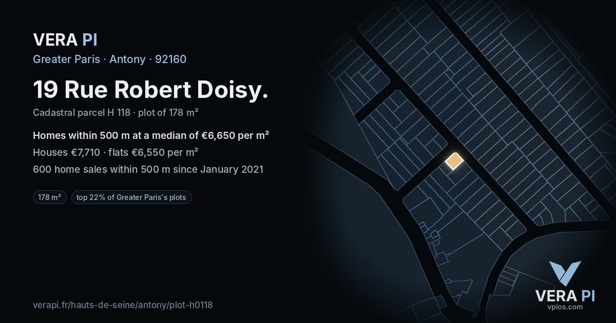 19 Rue Robert Doisy, Antony at night – the plot lit, the parcels around coloured by the prices near them