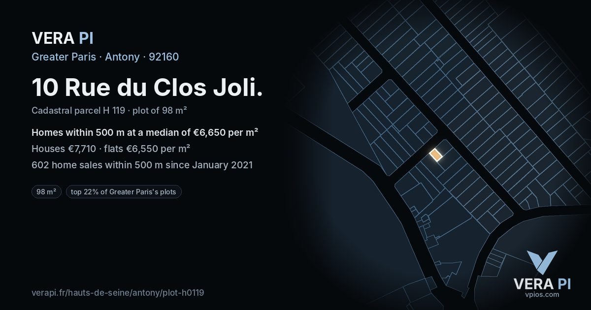 10 Rue du Clos Joli, Antony at night – the plot lit, the parcels around coloured by the prices near them
