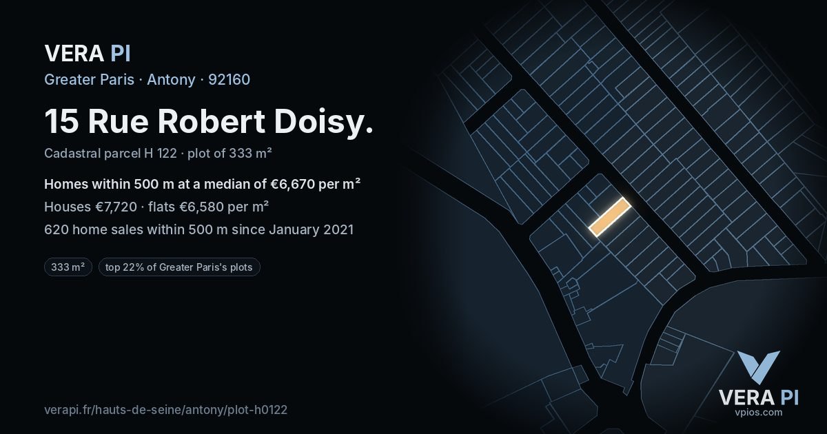 15 Rue Robert Doisy, Antony at night – the plot lit, the parcels around coloured by the prices near them