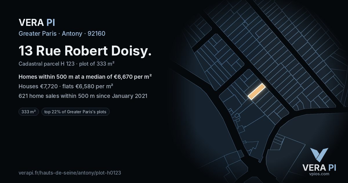 13 Rue Robert Doisy, Antony at night – the plot lit, the parcels around coloured by the prices near them