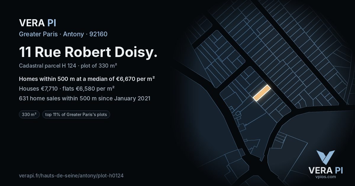 11 Rue Robert Doisy, Antony at night – the plot lit, the parcels around coloured by the prices near them