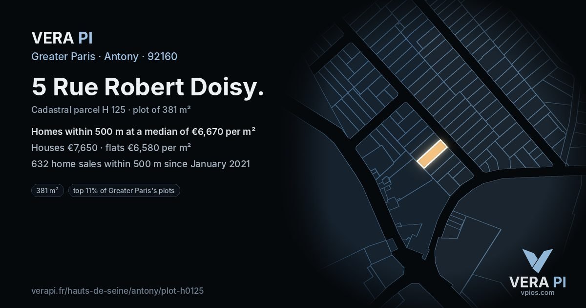 5 Rue Robert Doisy, Antony at night – the plot lit, the parcels around coloured by the prices near them