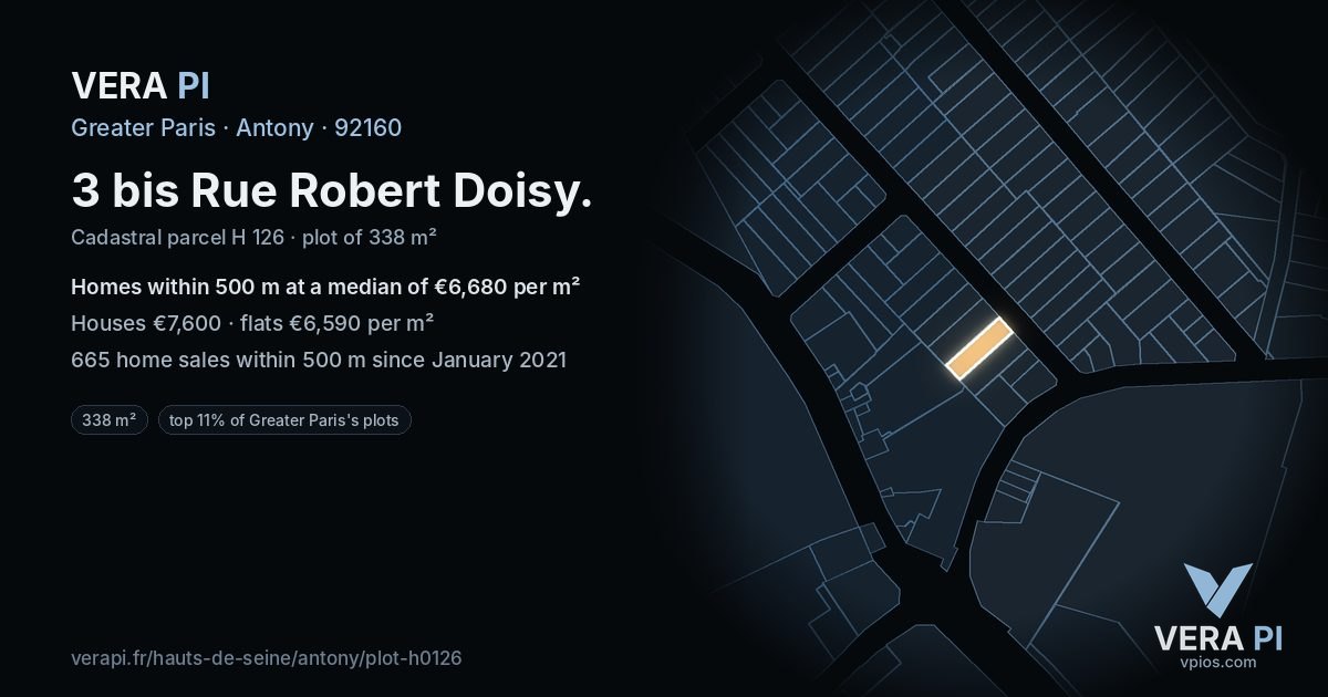 3 bis Rue Robert Doisy, Antony at night – the plot lit, the parcels around coloured by the prices near them