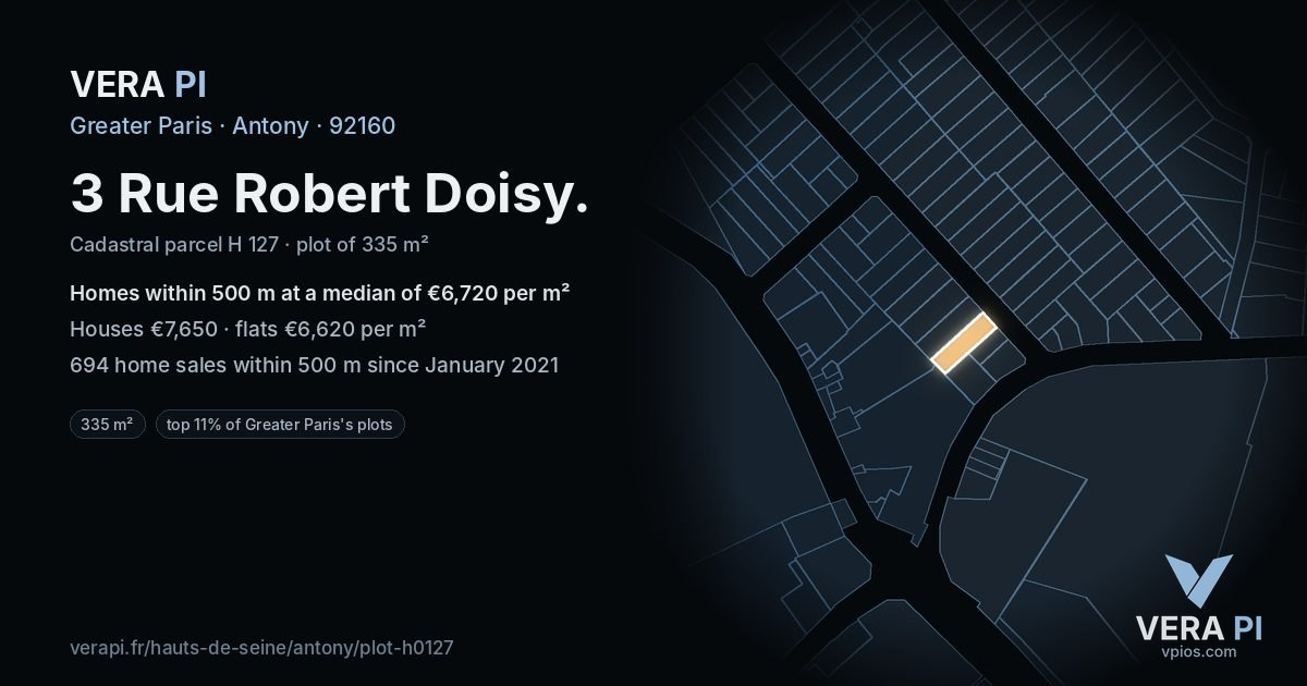 3 Rue Robert Doisy, Antony at night – the plot lit, the parcels around coloured by the prices near them