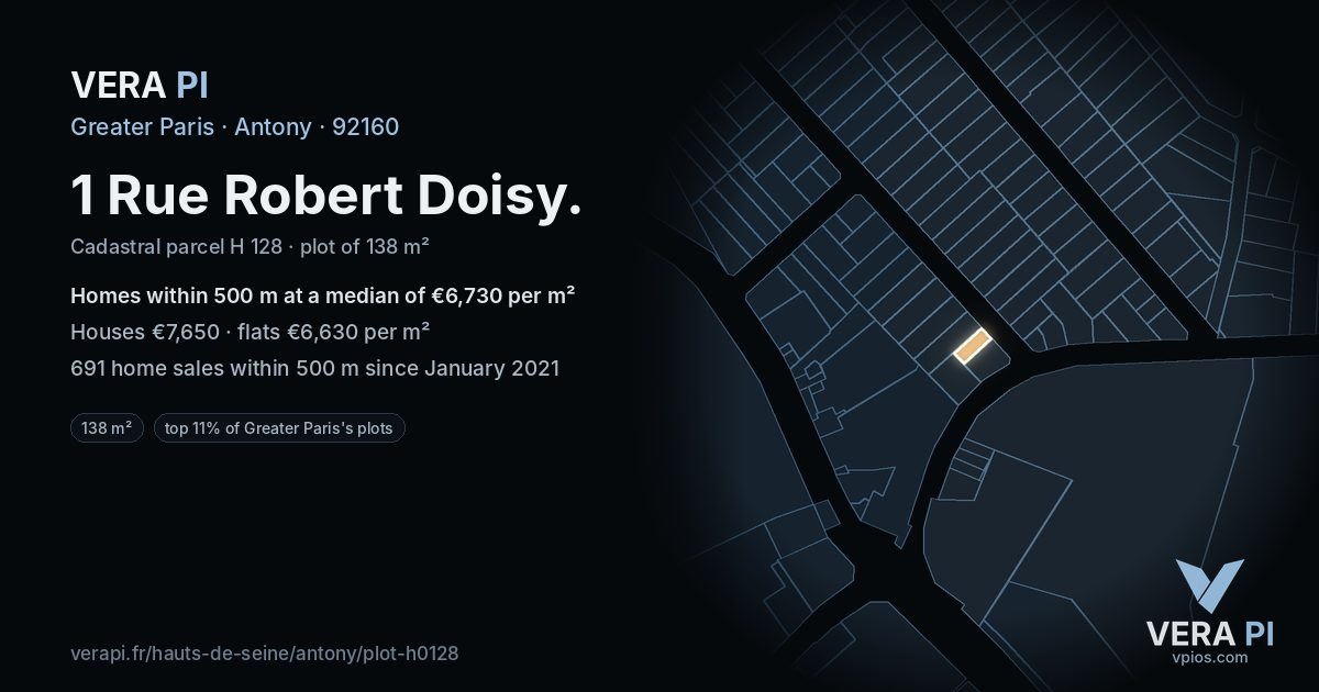 1 Rue Robert Doisy, Antony at night – the plot lit, the parcels around coloured by the prices near them