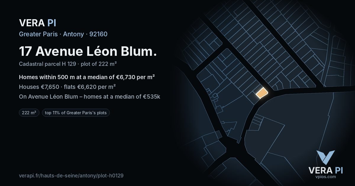 17 Avenue Léon Blum, Antony at night – the plot lit, the parcels around coloured by the prices near them