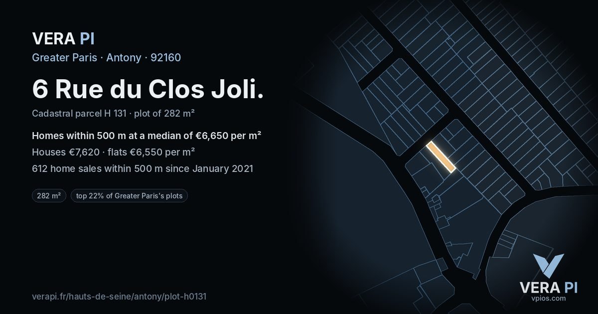 6 Rue du Clos Joli, Antony at night – the plot lit, the parcels around coloured by the prices near them