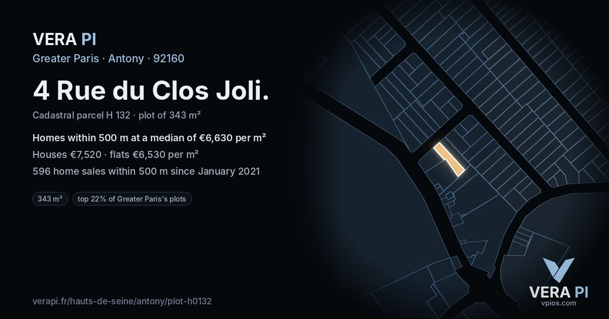 4 Rue du Clos Joli, Antony at night – the plot lit, the parcels around coloured by the prices near them