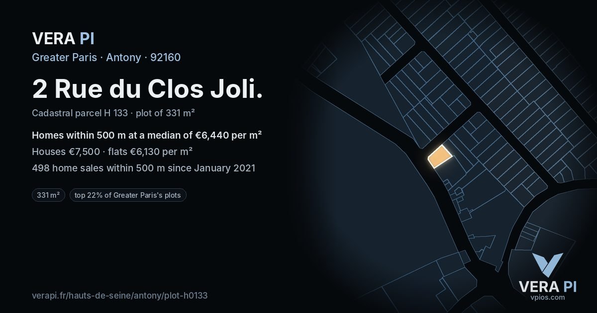 2 Rue du Clos Joli, Antony at night – the plot lit, the parcels around coloured by the prices near them