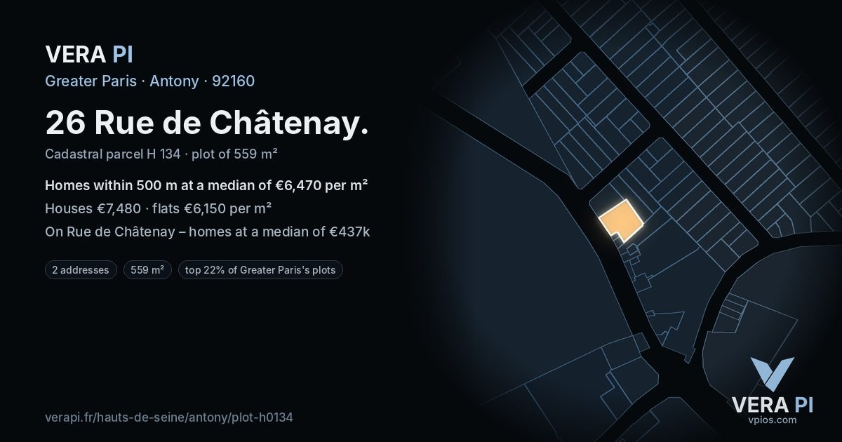 26 Rue de Châtenay, Antony at night – the plot lit, the parcels around coloured by the prices near them