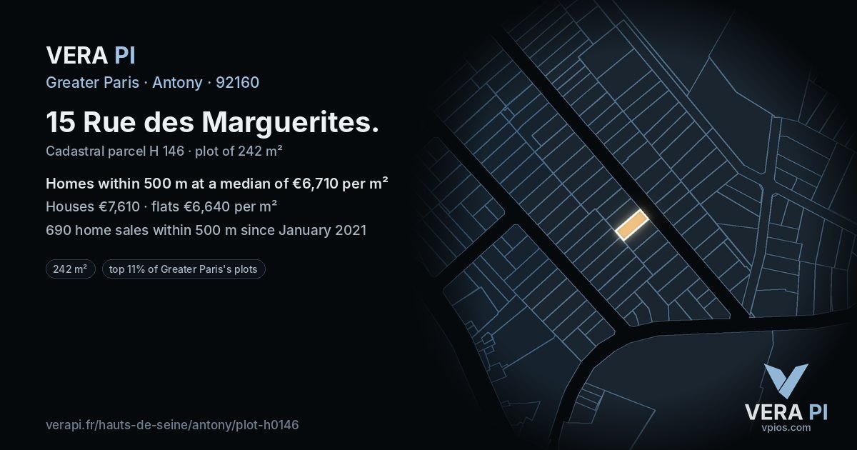 15 Rue des Marguerites, Antony at night – the plot lit, the parcels around coloured by the prices near them
