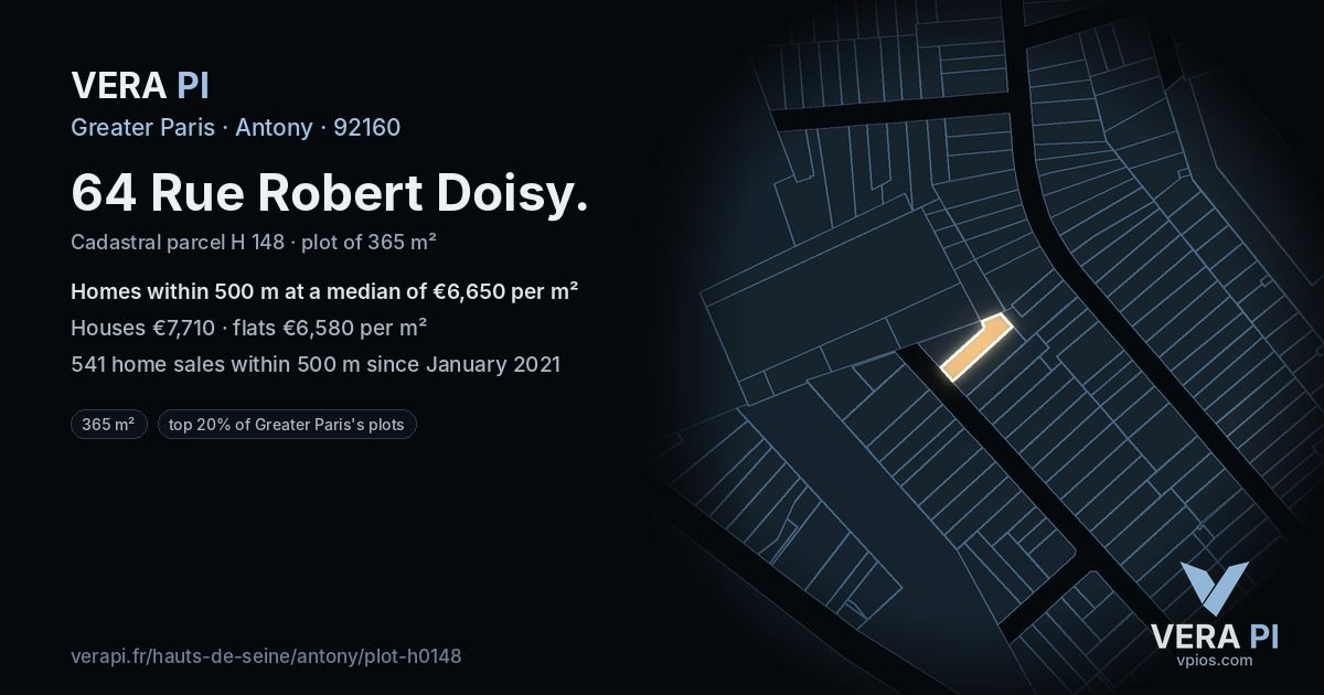 64 Rue Robert Doisy, Antony at night – the plot lit, the parcels around coloured by the prices near them
